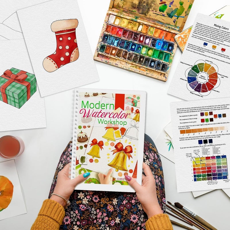 ADEVIAN Watercolor Workbook, Watercolor Workbook Paint Book Beginner Friendly, 12 Different Patterns Stress-Relieving Art Crafts for Creative Exploration Gift for Women Adults Teens (Christmas, 1) - Image 2